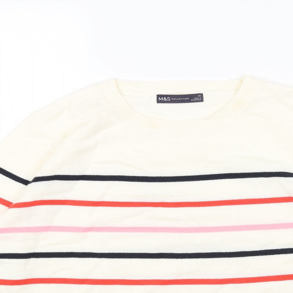 Marks and Spencer Womens Beige Scoop Neck Striped Acrylic Pullover Jumper Size 14