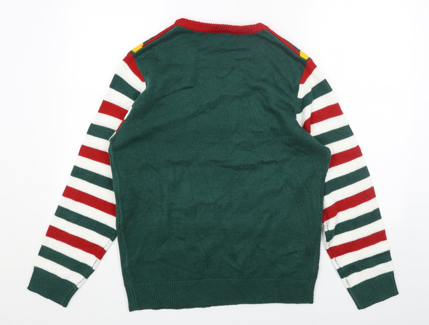 Preworn Mens Green Round Neck Striped Acrylic Pullover Jumper Size M - Elf Squad