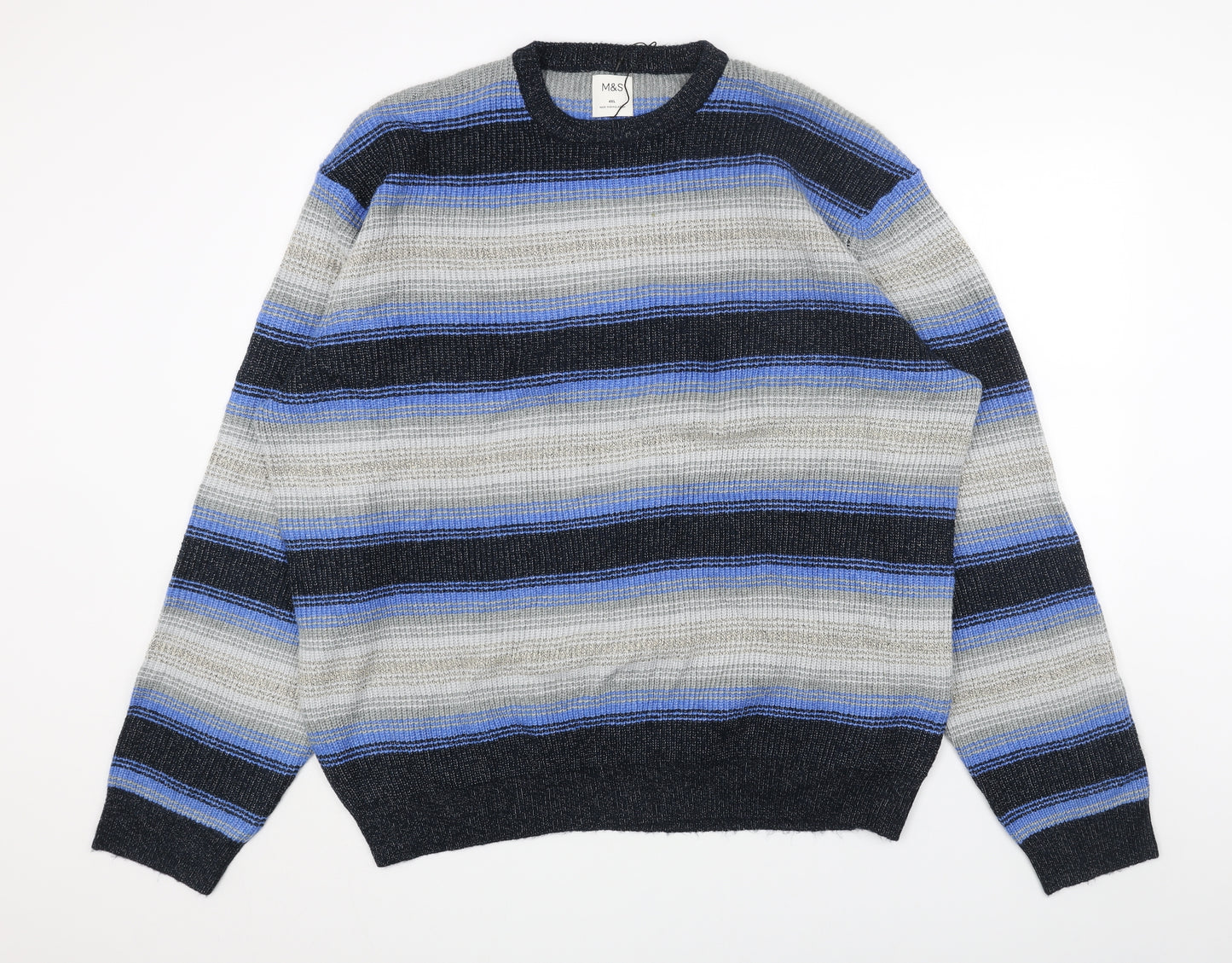 Marks and Spencer Mens Blue Round Neck Striped Acrylic Pullover Jumper Size 4XL