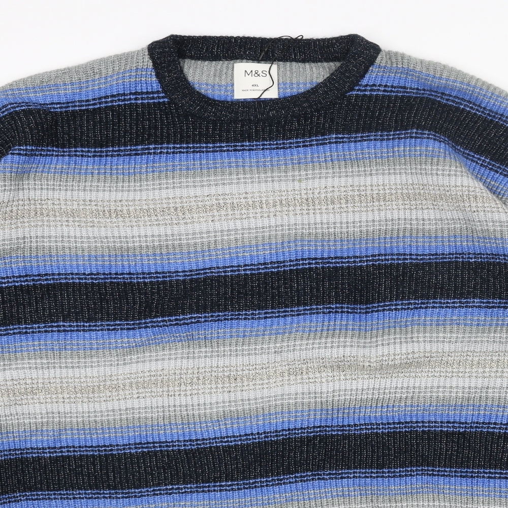 Marks and Spencer Mens Blue Round Neck Striped Acrylic Pullover Jumper Size 4XL