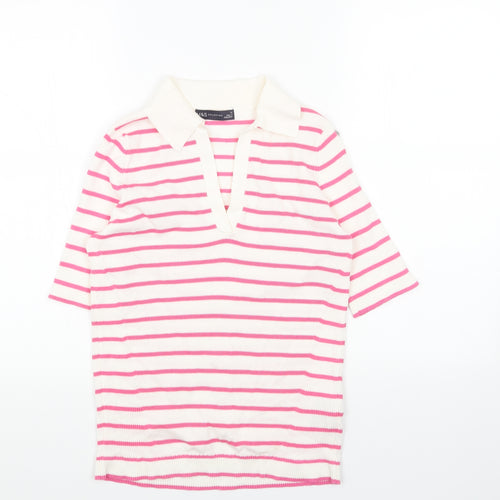Marks and Spencer Womens Pink Collared Striped Cotton Pullover Jumper Size M - Ribbed