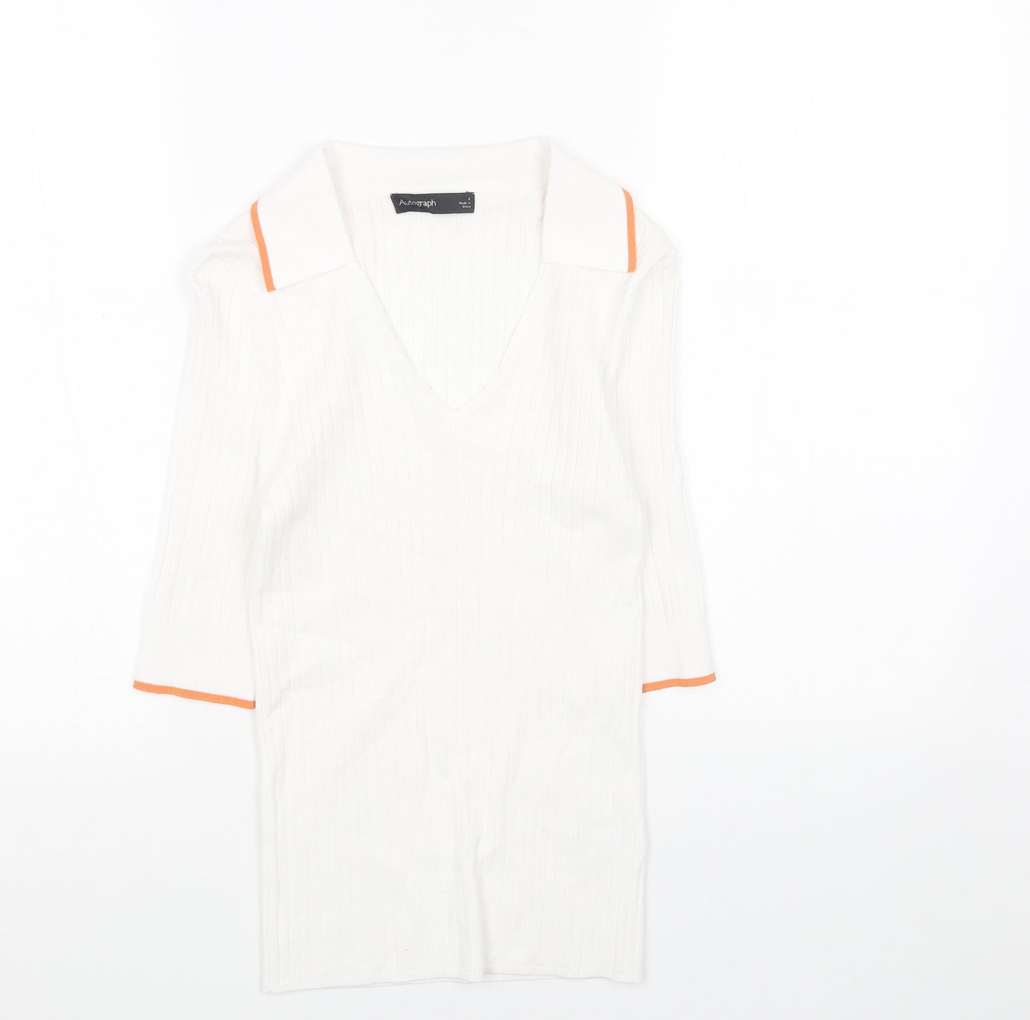 Marks and Spencer Womens White Collared Viscose Pullover Jumper Size 8 - Ribbed