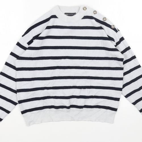 Marks and Spencer Womens Blue Round Neck Striped Acrylic Pullover Jumper Size M