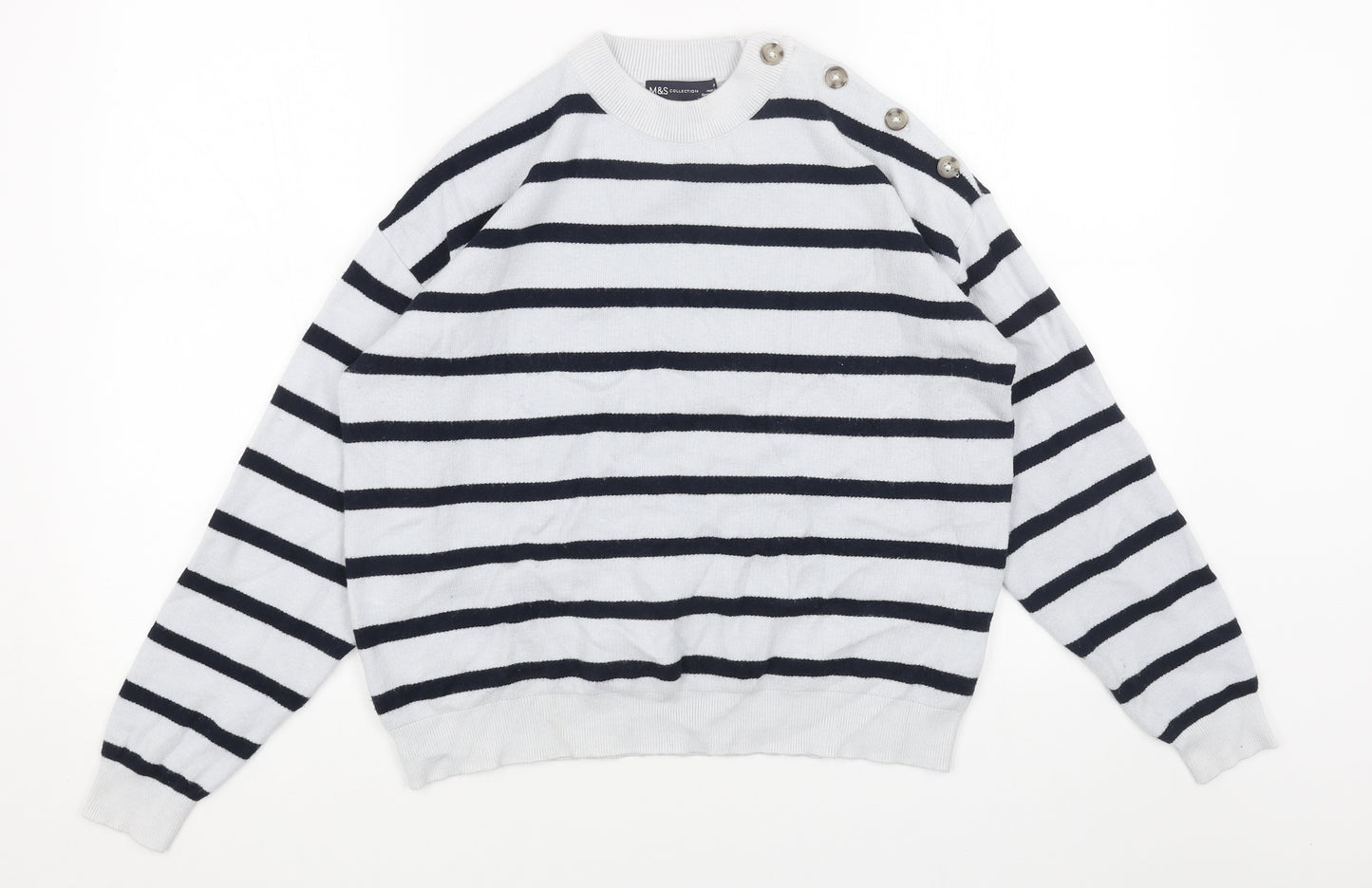 Marks and Spencer Womens Blue Round Neck Striped Acrylic Pullover Jumper Size M