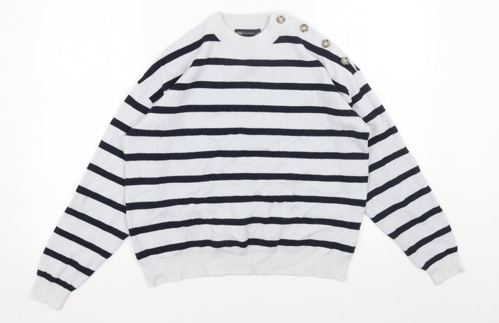 Marks and Spencer Womens Blue Round Neck Striped Acrylic Pullover Jumper Size M