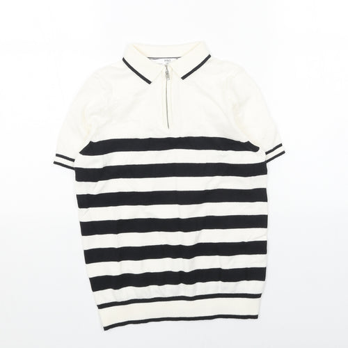 Marks and Spencer Boys White Striped Cotton Basic Polo Size 9-10 Years Collared Zip