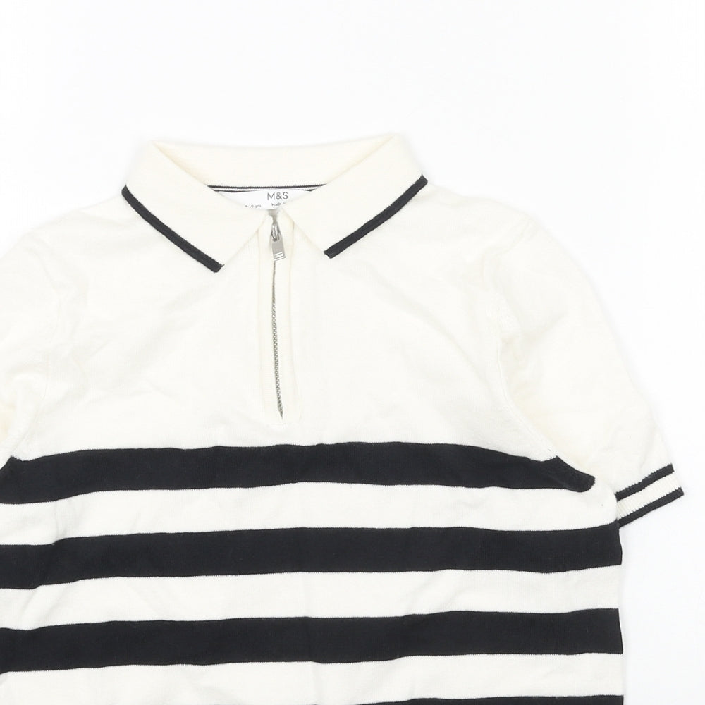 Marks and Spencer Boys White Striped Cotton Basic Polo Size 9-10 Years Collared Zip
