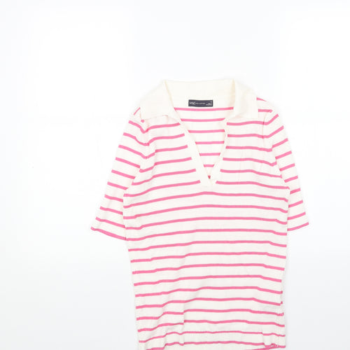 Marks and Spencer Womens White Collared Striped Acrylic Pullover Jumper Size M