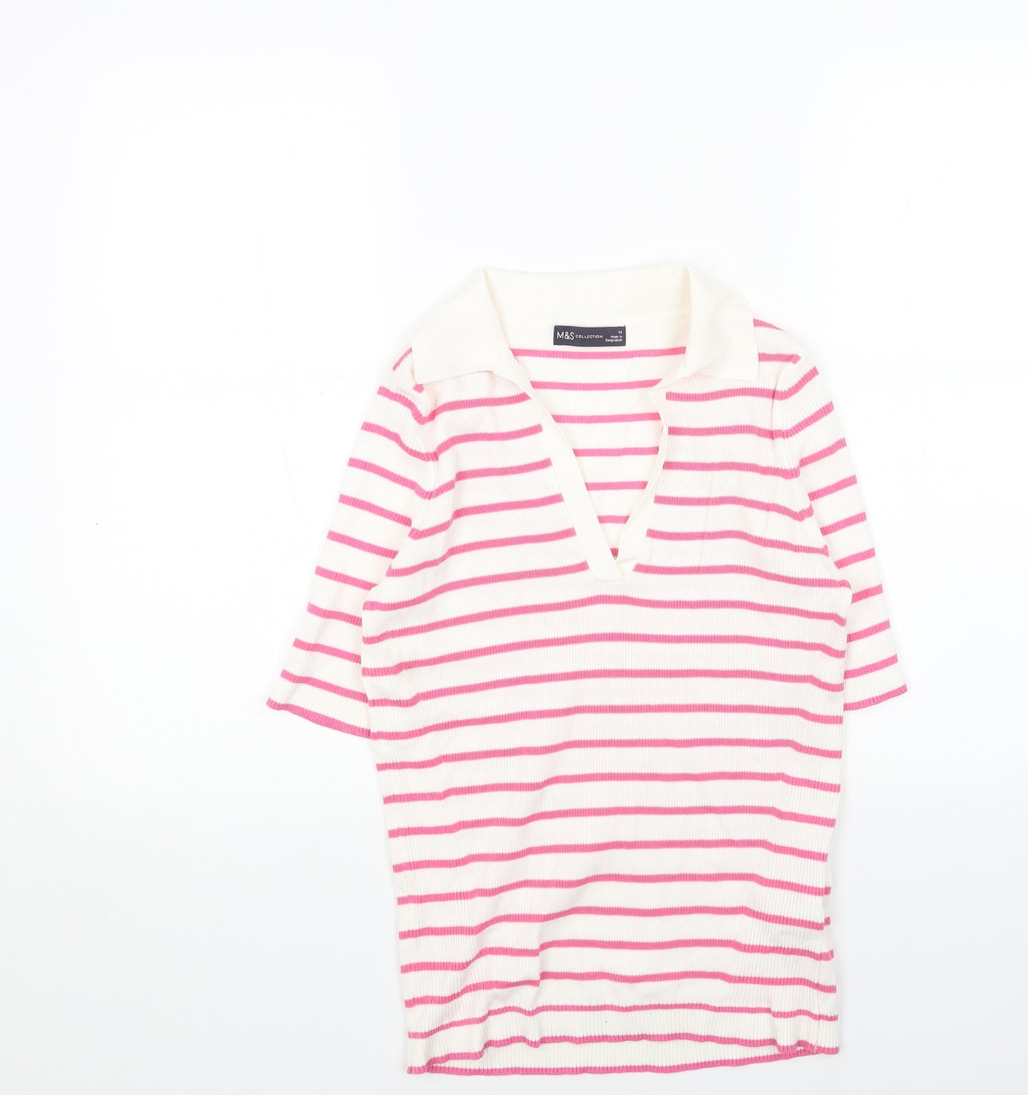 Marks and Spencer Womens White Collared Striped Acrylic Pullover Jumper Size M