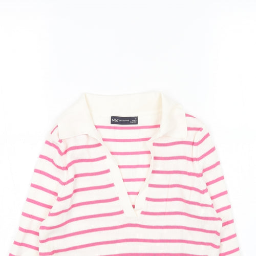 Marks and Spencer Womens White Collared Striped Acrylic Pullover Jumper Size M