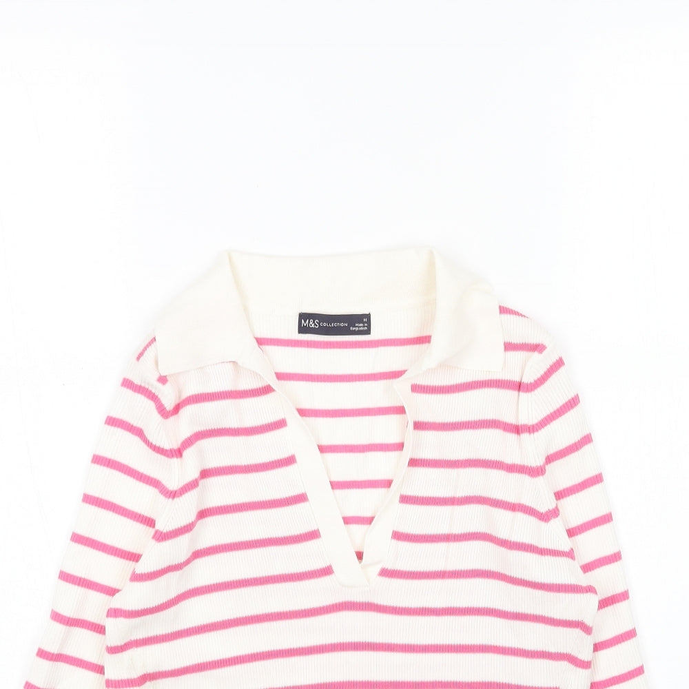 Marks and Spencer Womens White Collared Striped Acrylic Pullover Jumper Size M