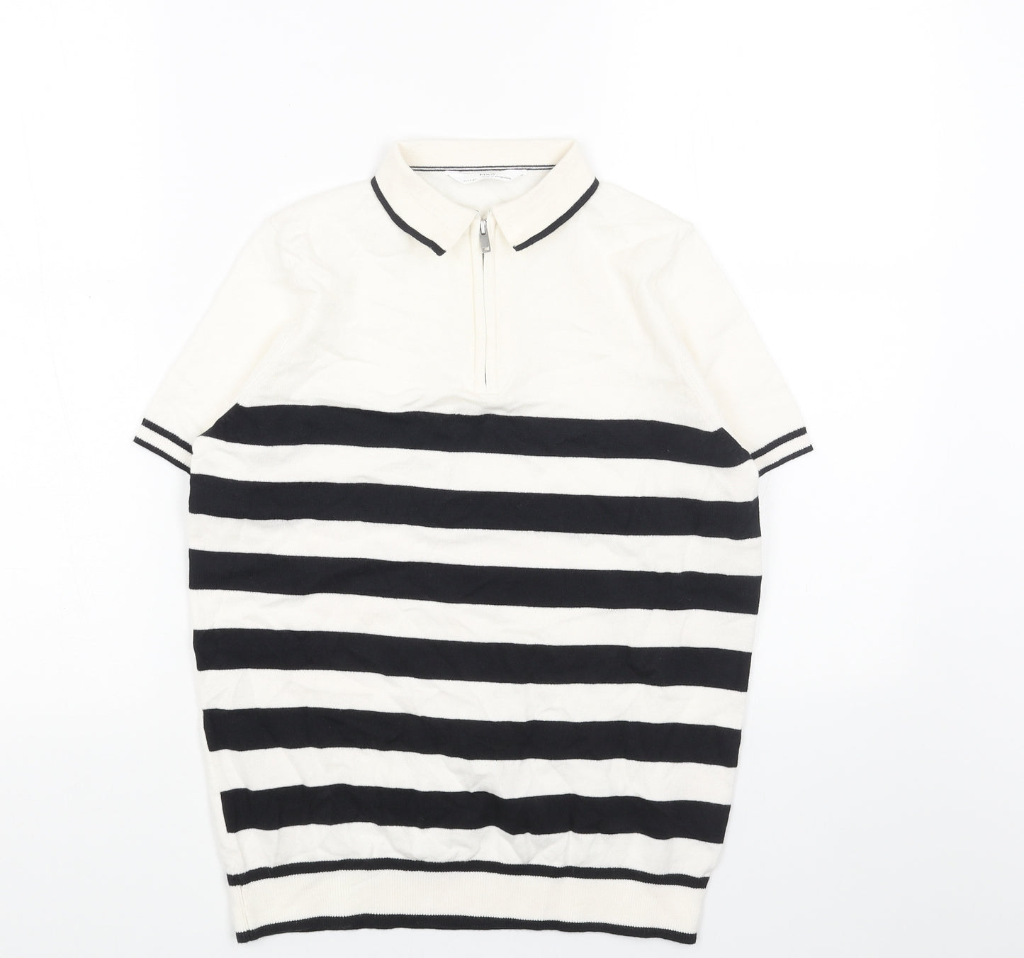 Marks and Spencer Boys White Striped Cotton Basic Polo Size 12-13 Years Collared Zip