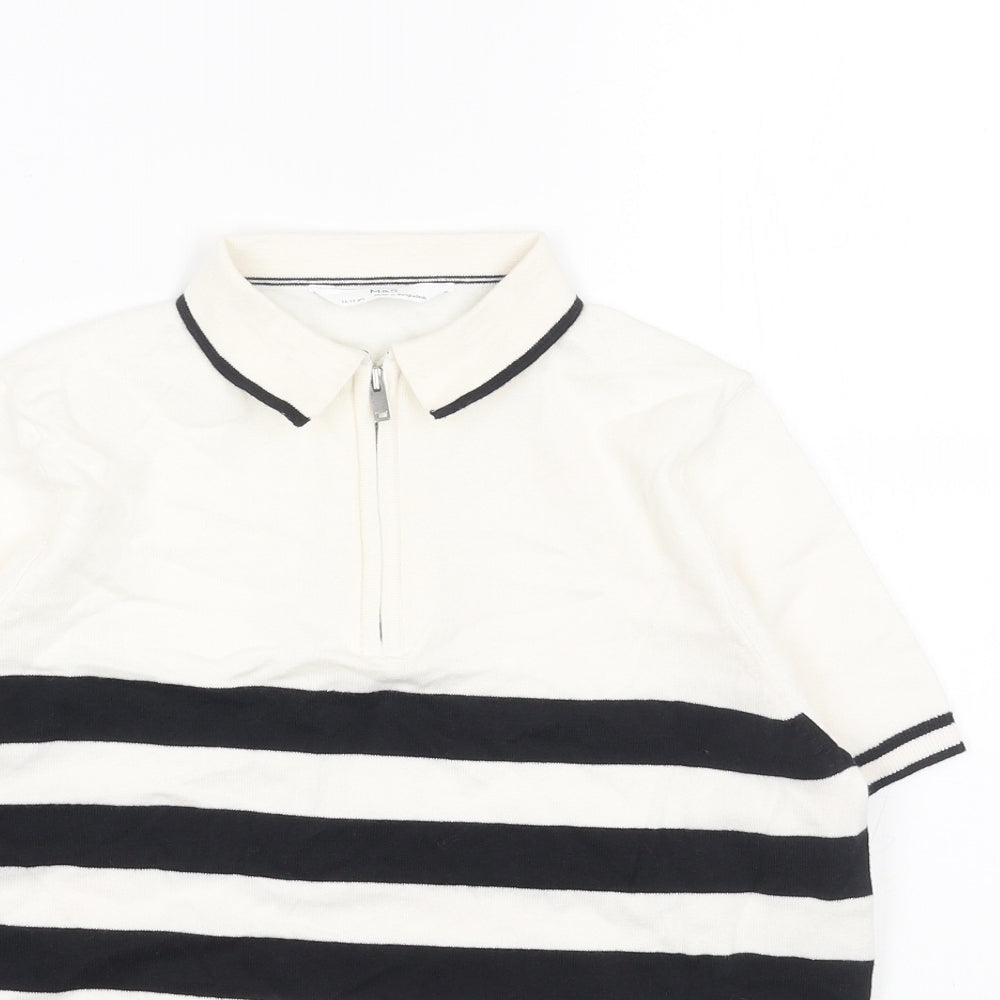 Marks and Spencer Boys White Striped Cotton Basic Polo Size 12-13 Years Collared Zip