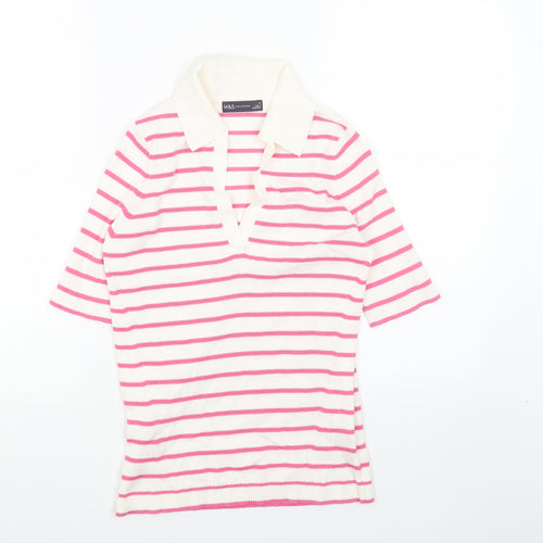 Marks and Spencer Womens Pink Collared Striped Acrylic Pullover Jumper Size M