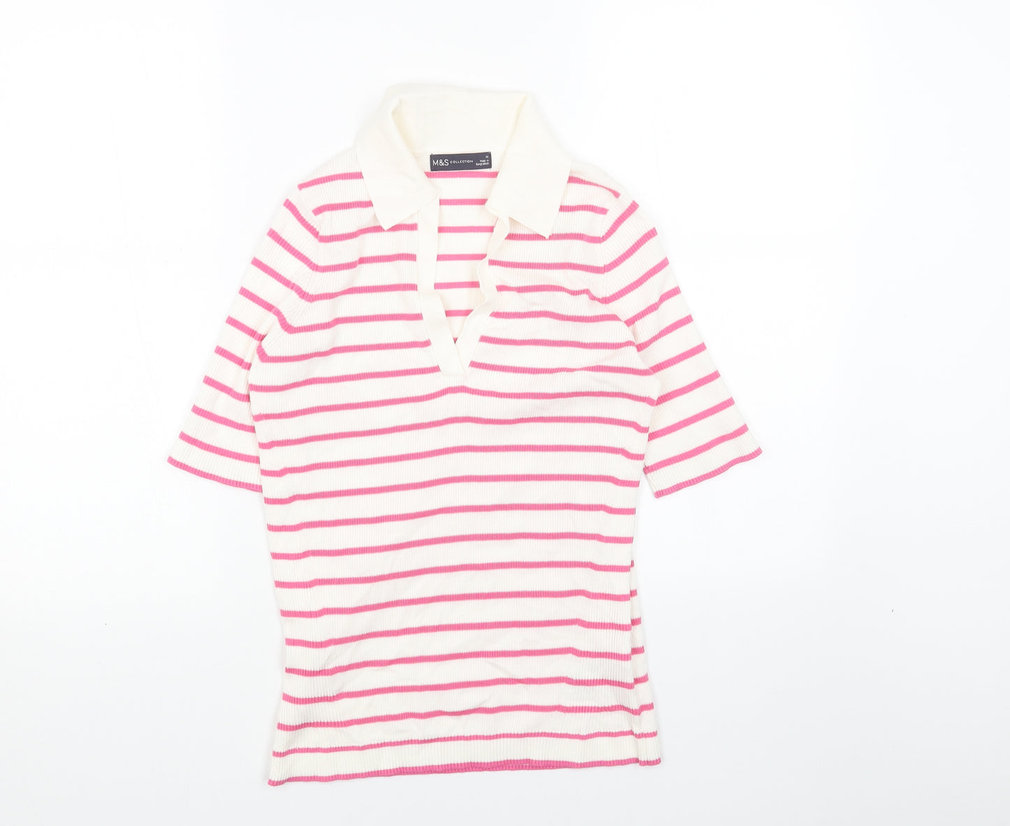 Marks and Spencer Womens Pink Collared Striped Acrylic Pullover Jumper Size M