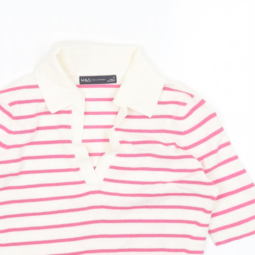 Marks and Spencer Womens Pink Collared Striped Acrylic Pullover Jumper Size M