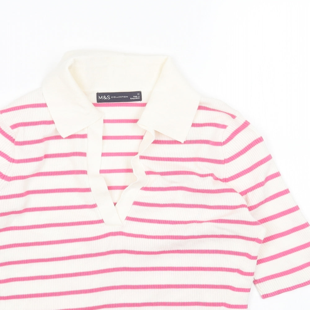 Marks and Spencer Womens Pink Collared Striped Acrylic Pullover Jumper Size M