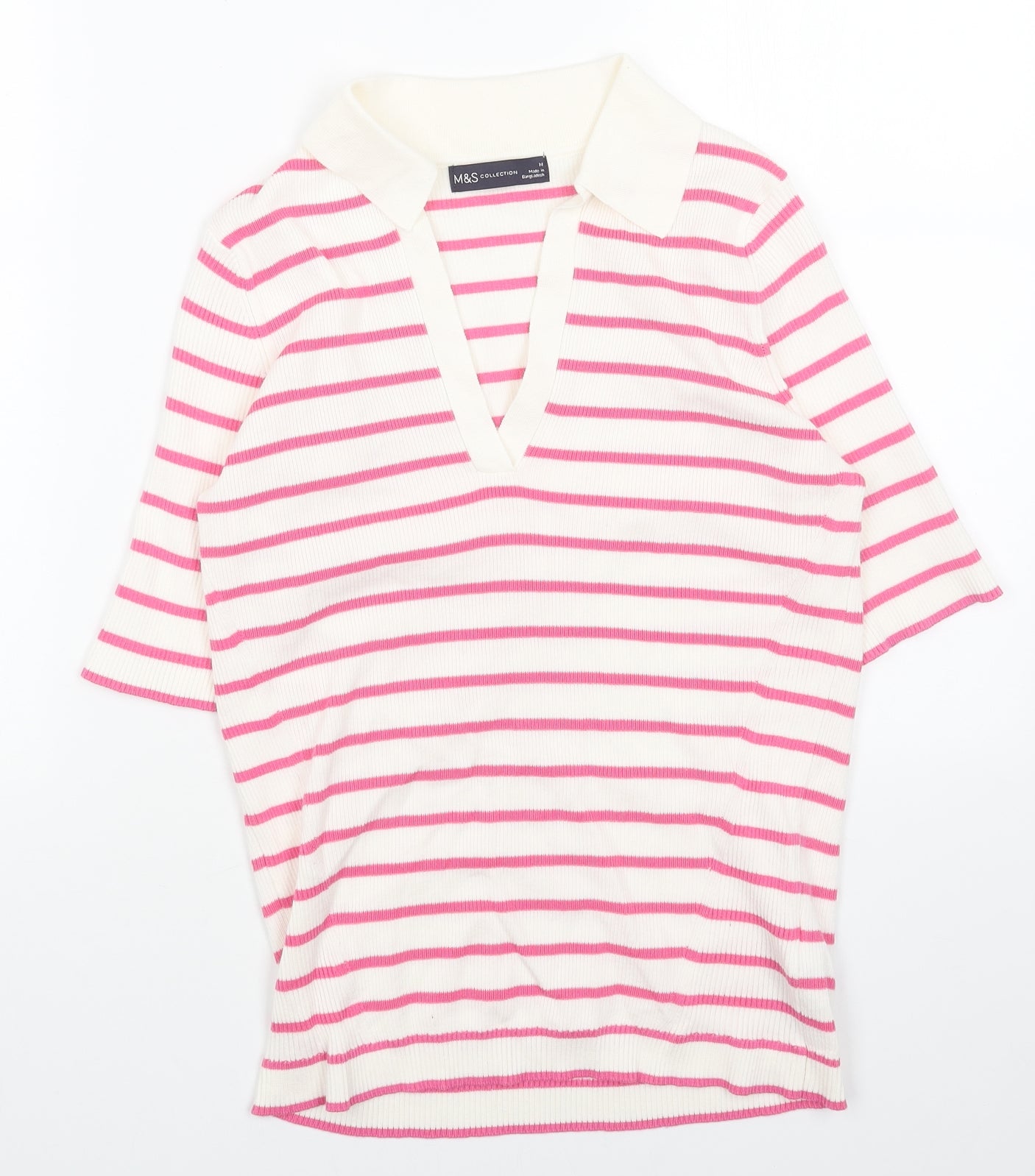 Marks and Spencer Womens Pink Collared Striped Acrylic Pullover Jumper Size M