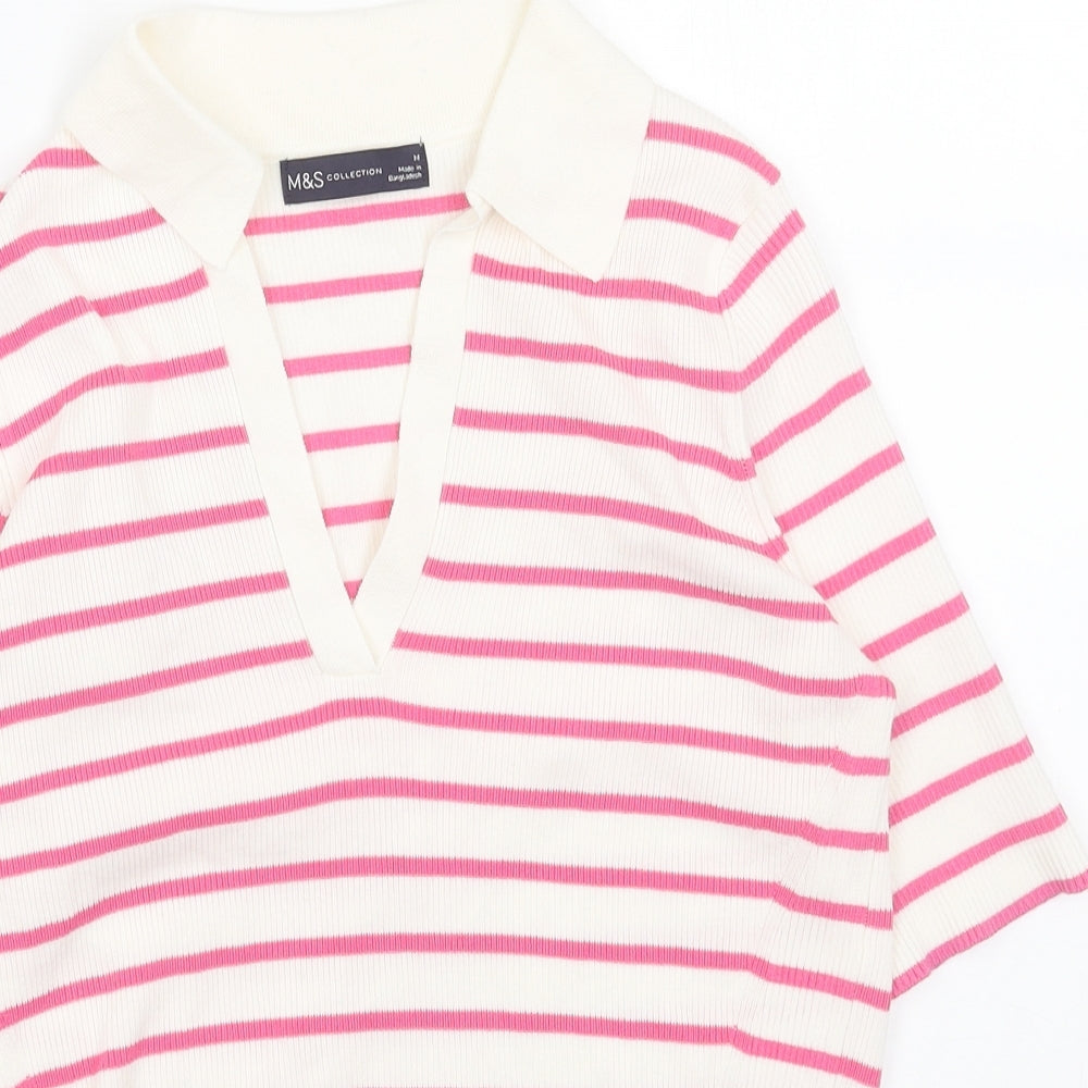 Marks and Spencer Womens Pink Collared Striped Acrylic Pullover Jumper Size M