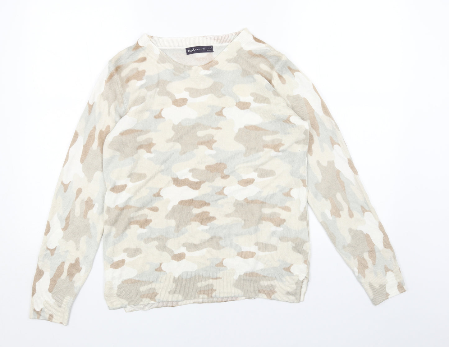 Marks and Spencer Womens Beige Round Neck Camouflage Acrylic Pullover Jumper Size 12