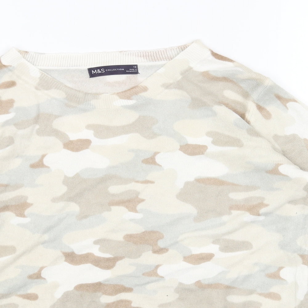 Marks and Spencer Womens Beige Round Neck Camouflage Acrylic Pullover Jumper Size 12