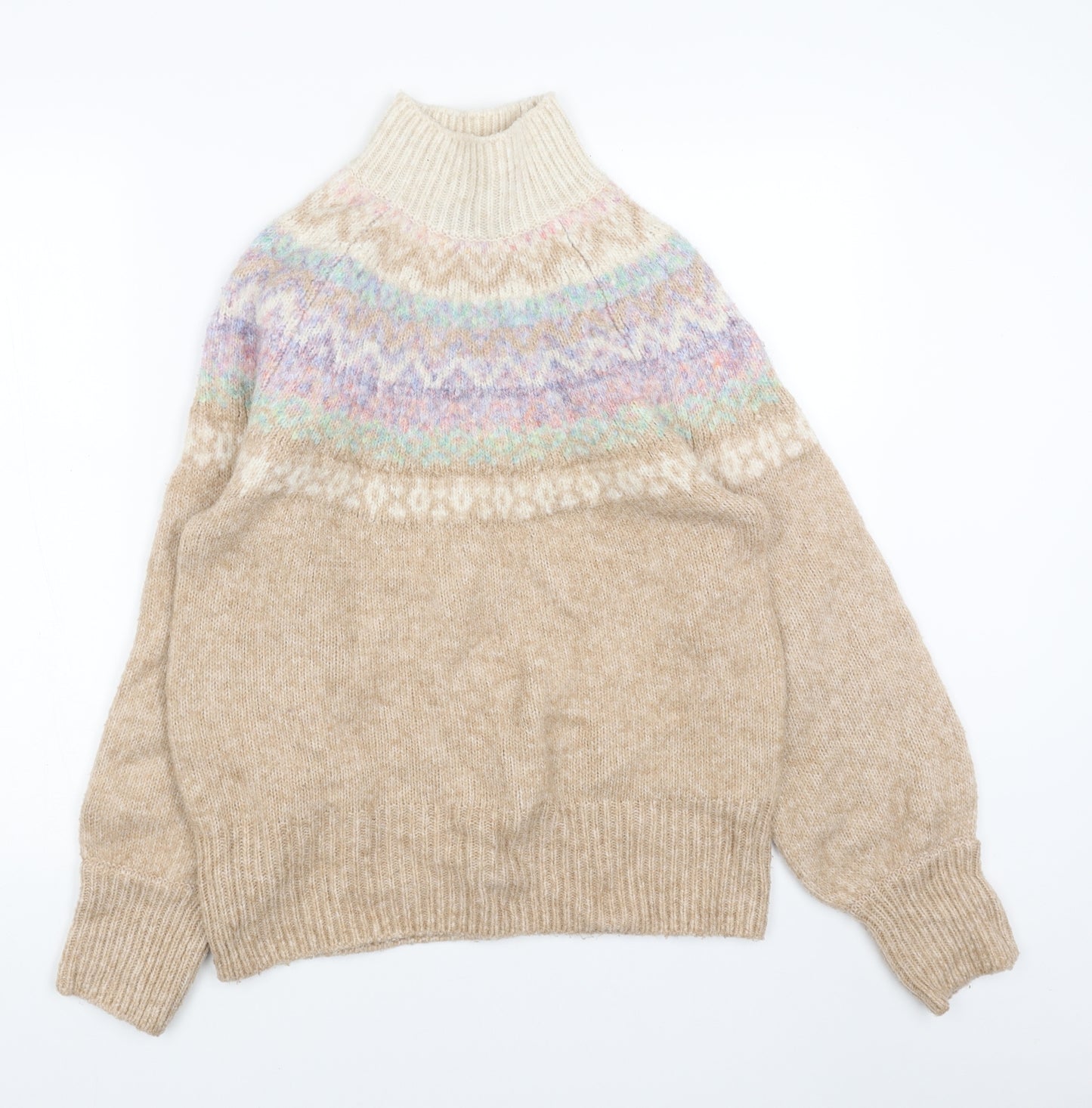 Marks and Spencer Womens Beige High Neck Fair Isle Acrylic Pullover Jumper Size S