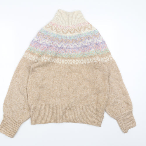 Marks and Spencer Womens Beige High Neck Fair Isle Acrylic Pullover Jumper Size S