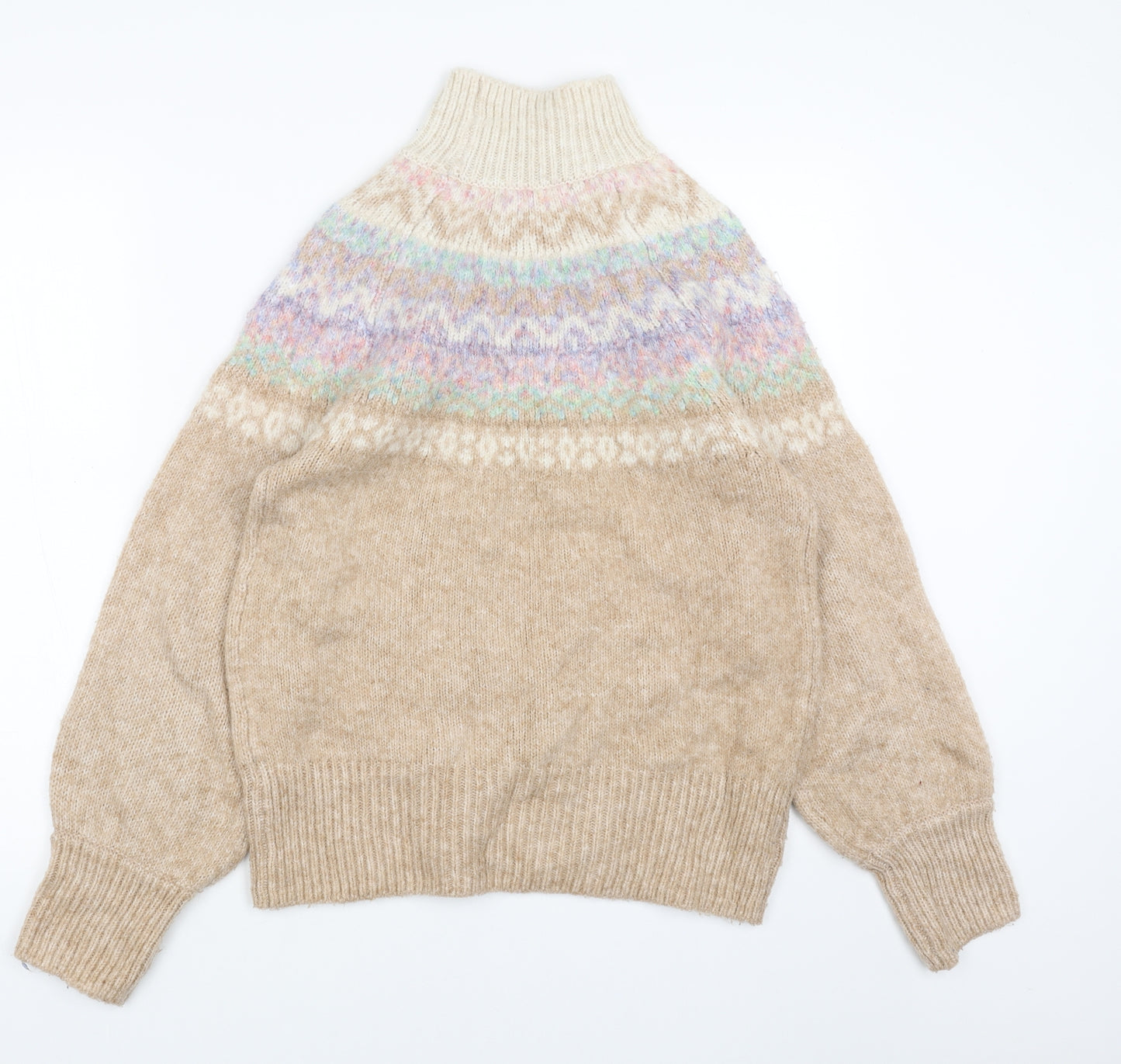 Marks and Spencer Womens Beige High Neck Fair Isle Acrylic Pullover Jumper Size S