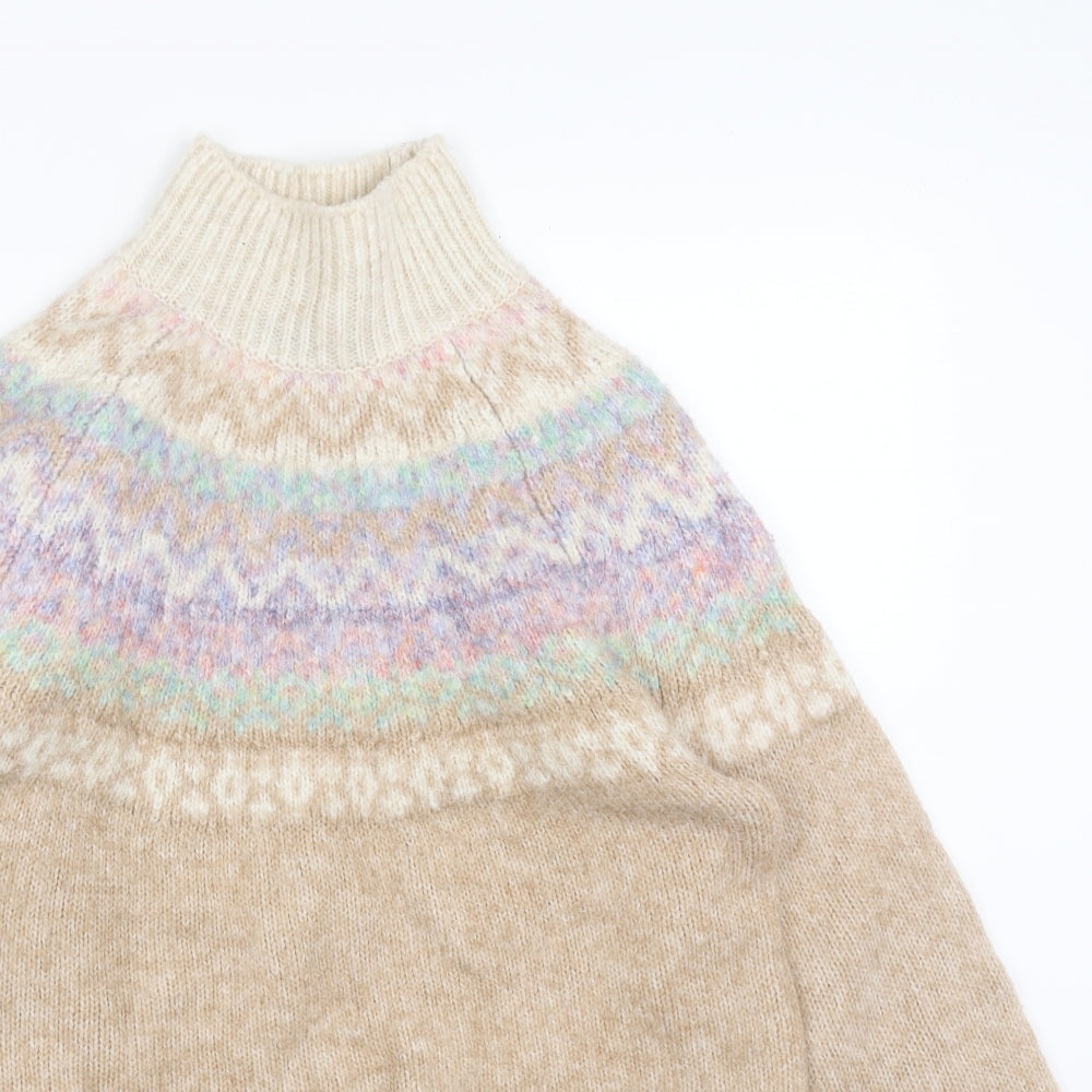Marks and Spencer Womens Beige High Neck Fair Isle Acrylic Pullover Jumper Size S