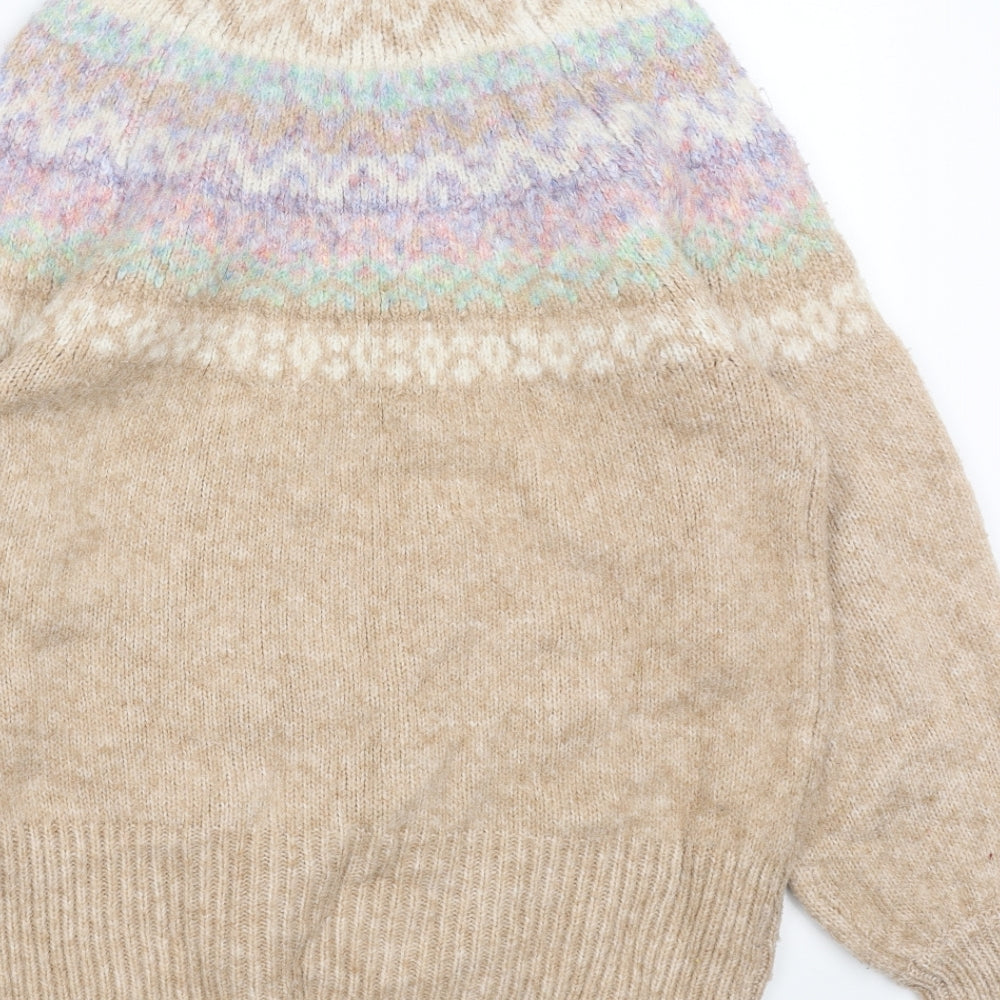 Marks and Spencer Womens Beige High Neck Fair Isle Acrylic Pullover Jumper Size S