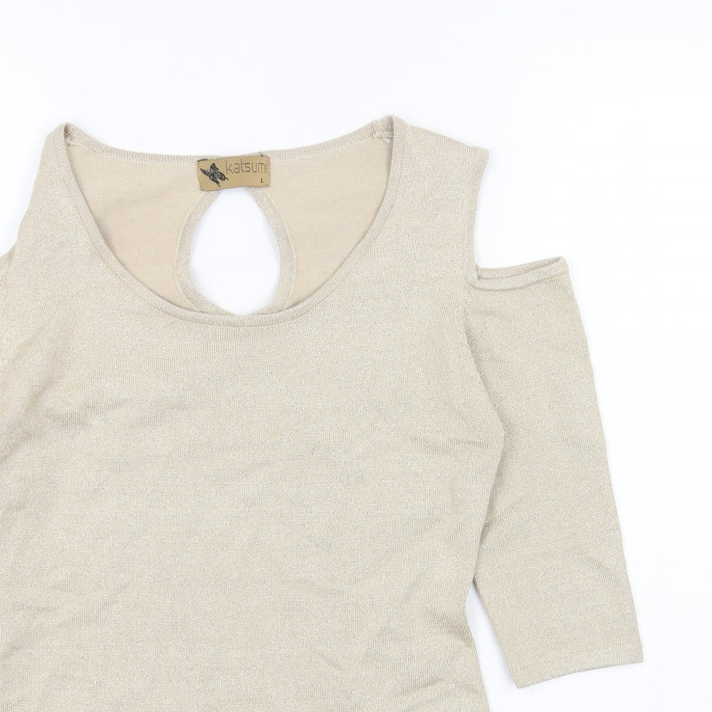 Katsumi Womens Gold Cotton Bodycon Size L Scoop Neck Pullover