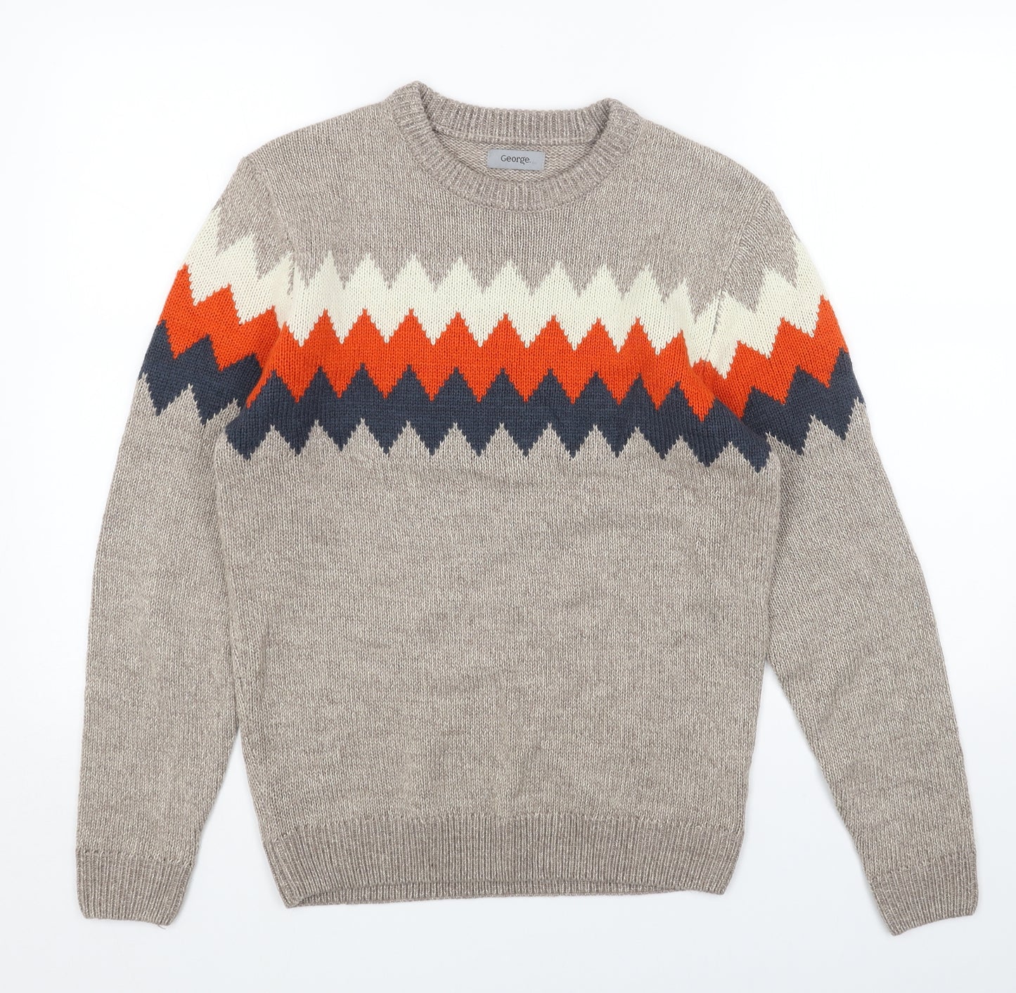 George Mens Beige Round Neck Geometric Acrylic Pullover Jumper Size S