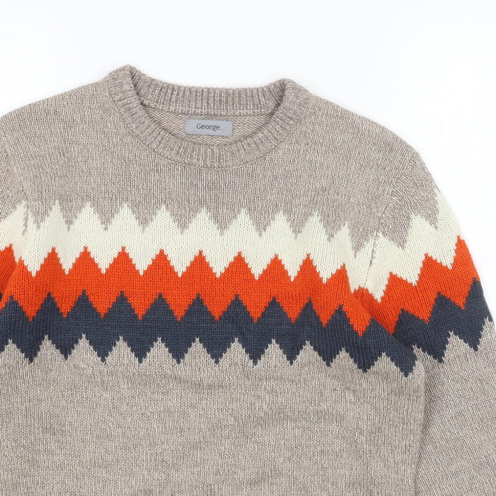 George Mens Beige Round Neck Geometric Acrylic Pullover Jumper Size S