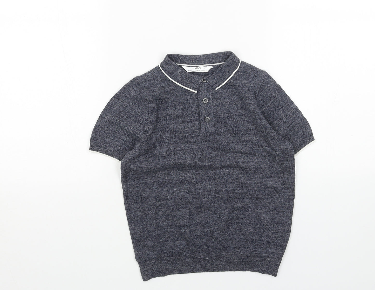 Marks and Spencer Boys Blue Cotton Basic Polo Size 6-7 Years Collared Button