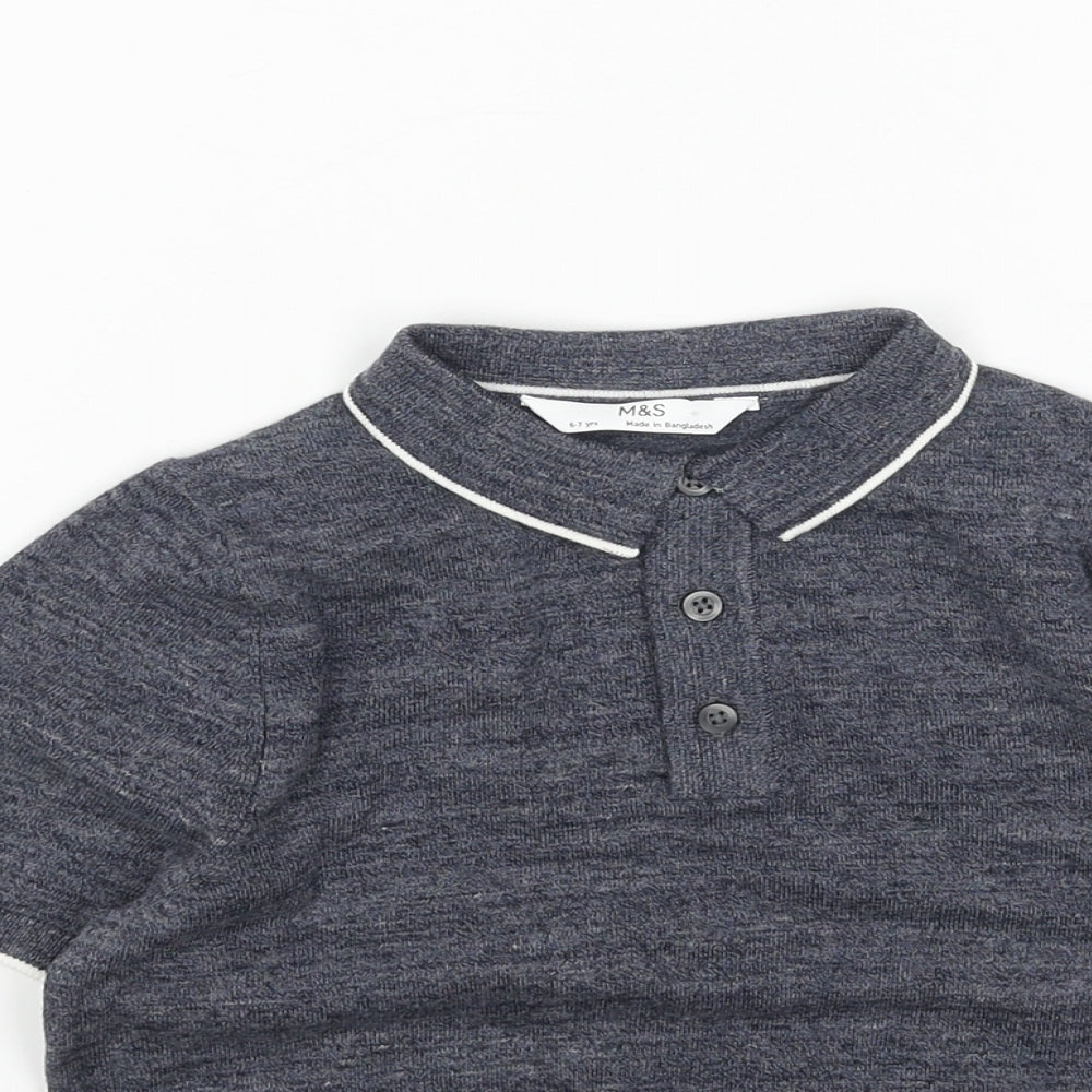 Marks and Spencer Boys Blue Cotton Basic Polo Size 6-7 Years Collared Button