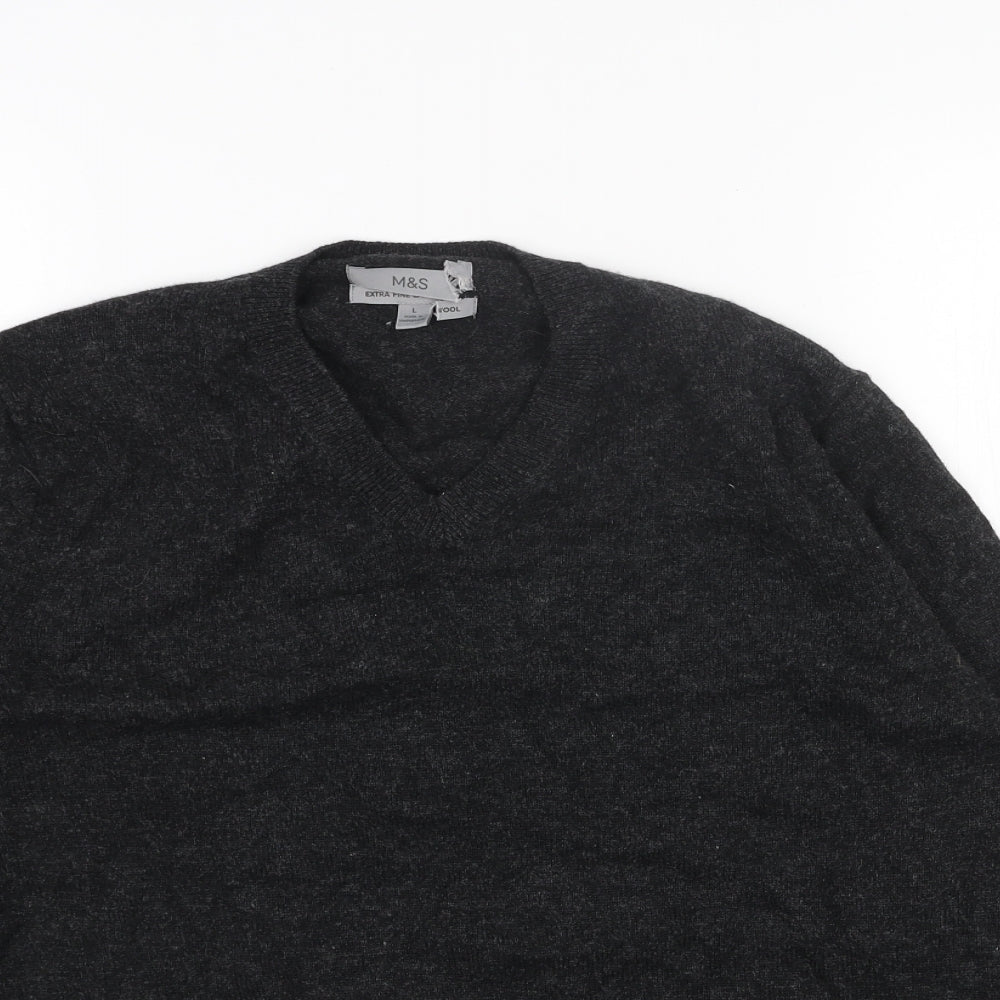 Marks and Spencer Mens Black V-Neck Wool Pullover Jumper Size L