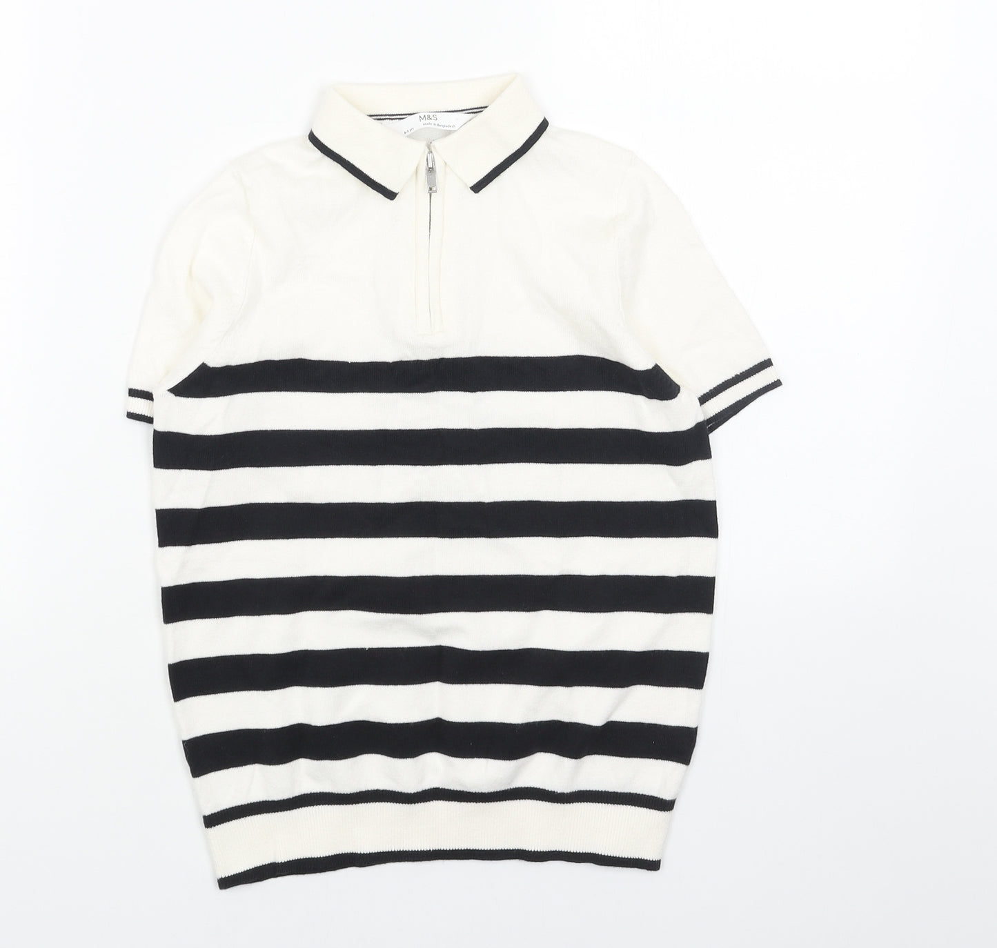 Marks and Spencer Boys White Striped Cotton Basic Polo Size 8-9 Years Collared Zip