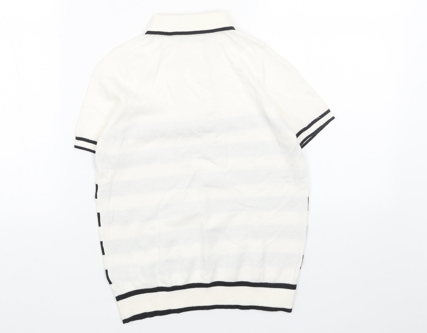 Marks and Spencer Boys White Striped Cotton Basic Polo Size 8-9 Years Collared Zip