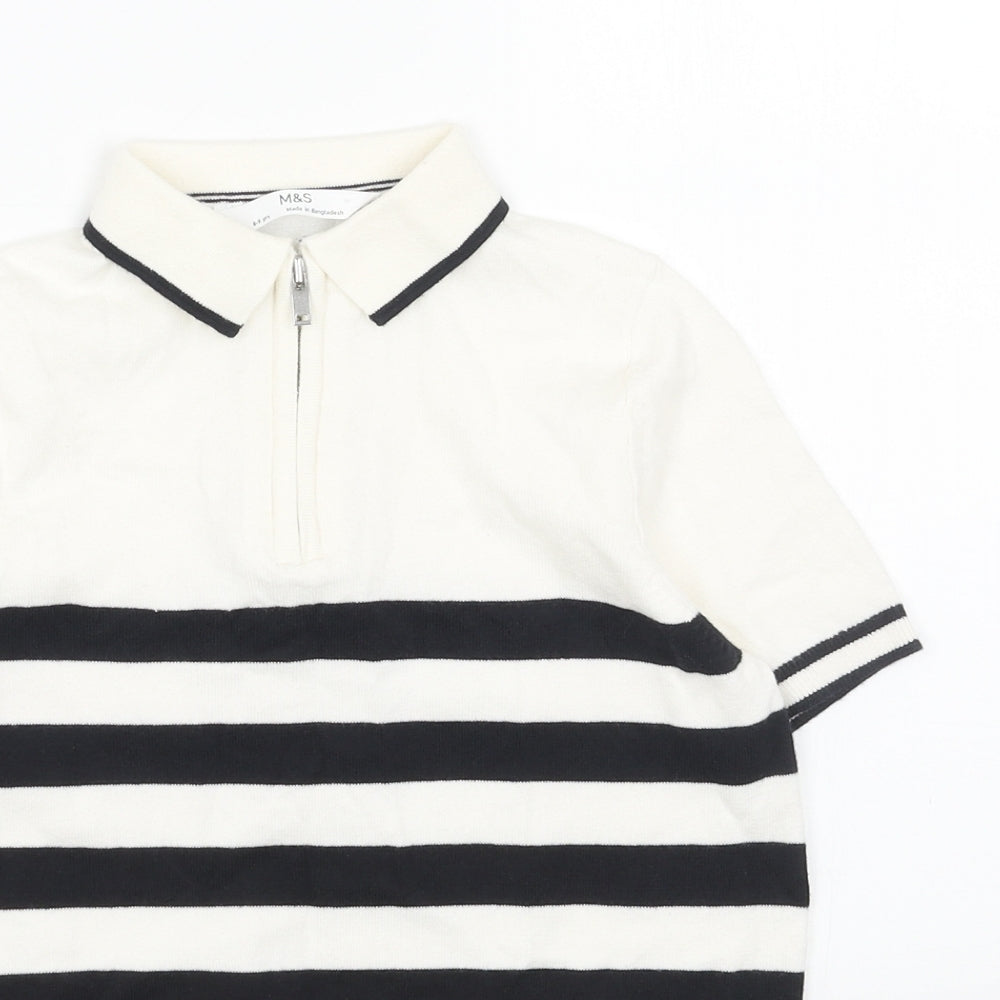 Marks and Spencer Boys White Striped Cotton Basic Polo Size 8-9 Years Collared Zip