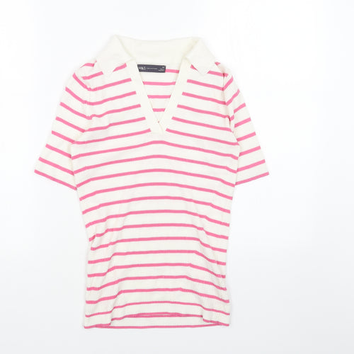 Marks and Spencer Womens White Collared Striped Cotton Pullover Jumper Size XS