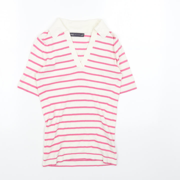 Marks and Spencer Womens White Collared Striped Cotton Pullover Jumper Size XS