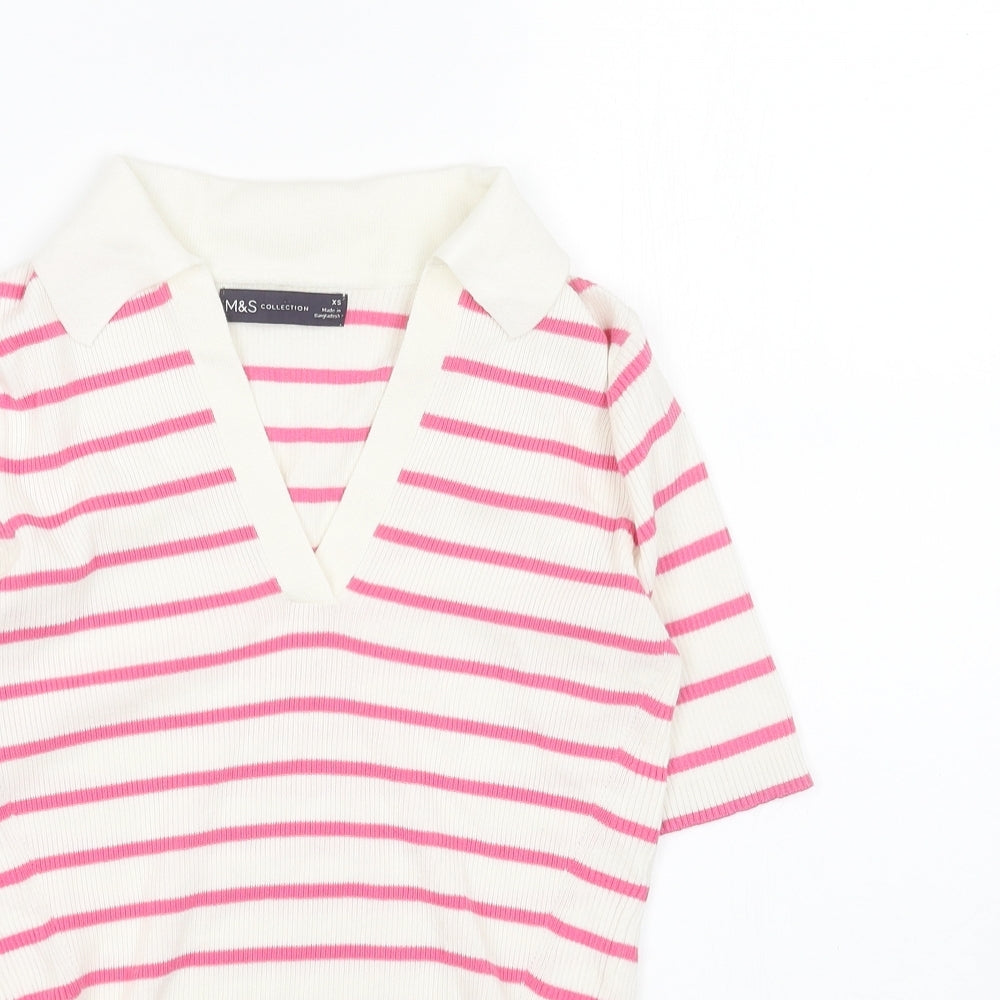 Marks and Spencer Womens White Collared Striped Cotton Pullover Jumper Size XS