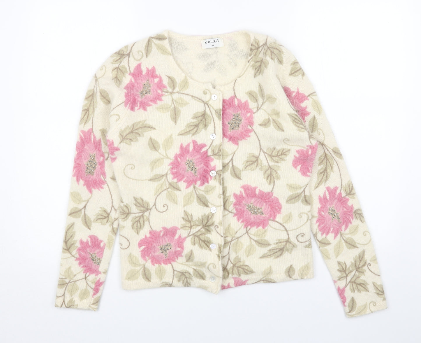 Kaliko Womens Beige Scoop Neck Floral Wool Cardigan Jumper Size 10