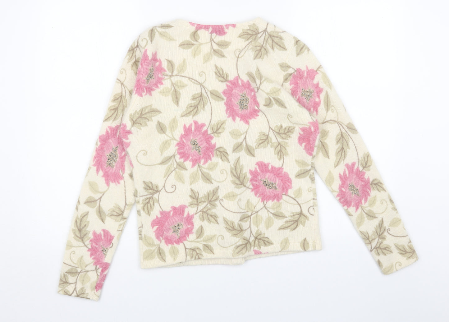 Kaliko Womens Beige Scoop Neck Floral Wool Cardigan Jumper Size 10