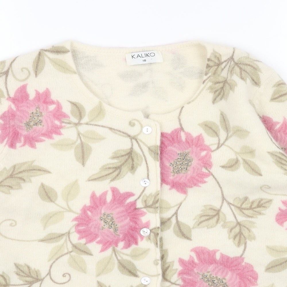 Kaliko Womens Beige Scoop Neck Floral Wool Cardigan Jumper Size 10