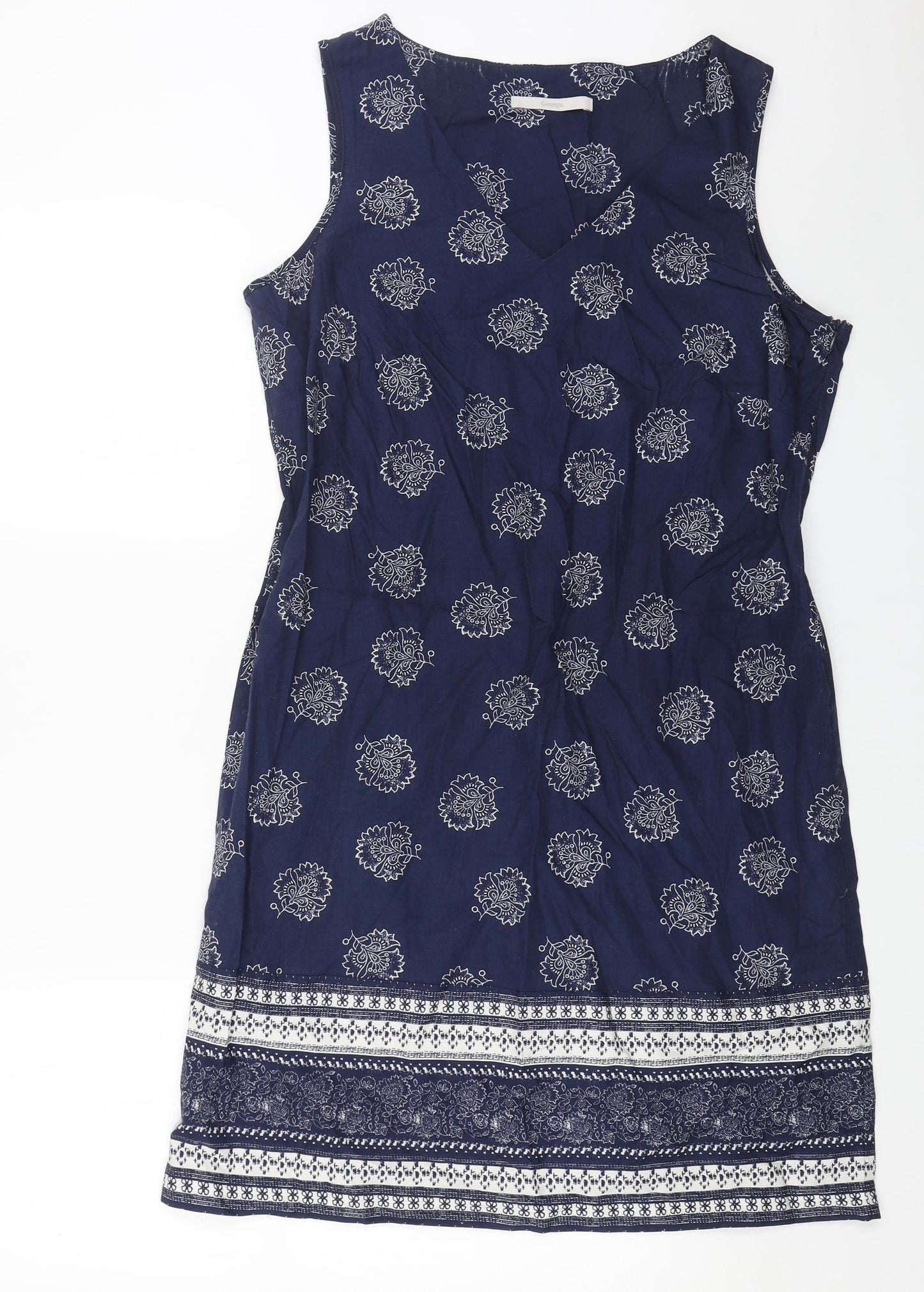 George Womens Blue Geometric Cotton A-Line Size 14 V-Neck Zip