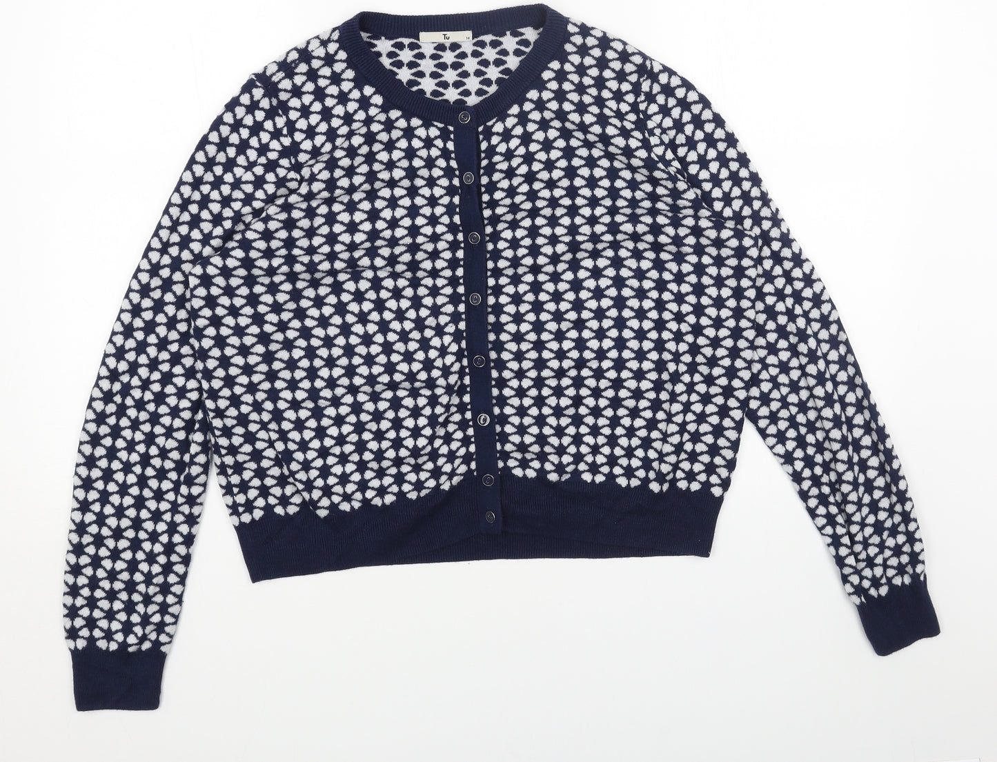 TU Womens Blue Scoop Neck Geometric Viscose Cardigan Jumper Size 16
