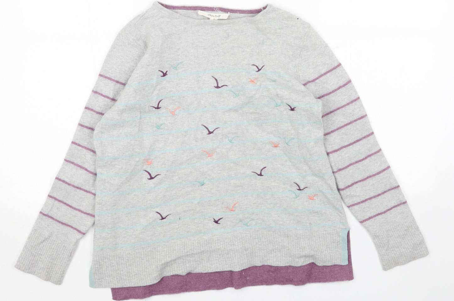 White Stuff Womens Grey Boat Neck Geometric Wool Pullover Jumper Size 14