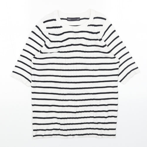 Marks and Spencer Womens White Scoop Neck Striped Cotton Pullover Jumper Size M - Ribbed