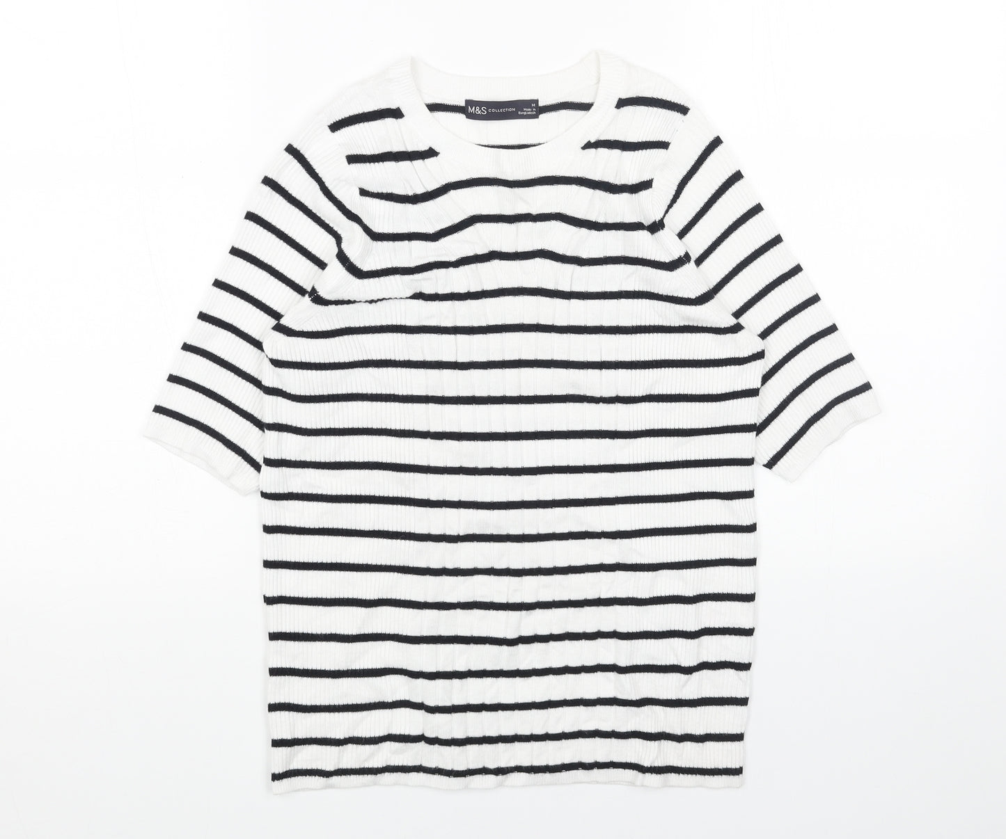 Marks and Spencer Womens White Scoop Neck Striped Cotton Pullover Jumper Size M - Ribbed